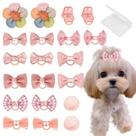 20 Pcs Small Dog Hair Bows with Rubber Bands Handmade Puppy Hair Bows Cute Grooming Flower Ball Bowknot Top Knot Dog Hair Accessories Hair Ties for Yorkie Maltese Pet (Pink) ﻿