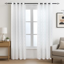 Taisier Home - Paneles de cortina de lino plateado con ojales metálicos geo marroquíes con estampado de azulejos blancos semitransparentes para recámara, sala de estar, tratamientos de ventana de