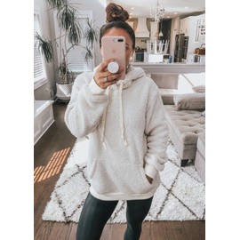 KIRUNDO Women's 2025 Winter Fuzzy Fleece Hoodies Sweatshirts Casual Long Sleeves Shaggy Sherpa Pullover With Pockets(Large, Beige)