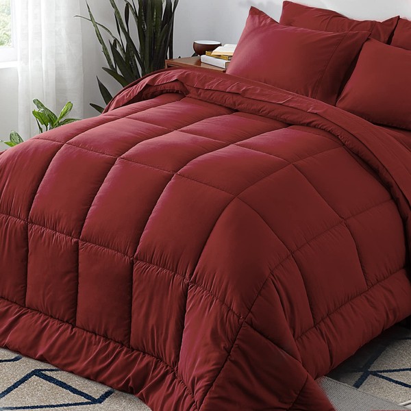 Newspin King Bed in a Bag - 7 Pieces Red Comforter Set, Lightweight All Season Ultra Soft Bedding Comforter Set with Comforter, Flat Sheet, Fitted Sheet, Pillowcases & Shams