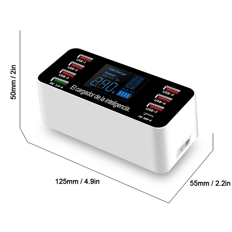 8-Ports Intelligent Charging Station LED Display Digital QC3.0 PD 60W