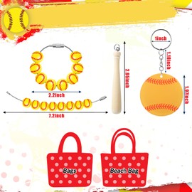 SiliFine Sports Charm Bag Wooden Beads Acrylic Tag Keychain Accessories for Beach Tote Bag Gift(Softball)