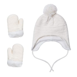 Kids Hats and Gloves Set Girls Toddler Baby Winter Hat Mitten Knit Earflap Beanie Warm Fleece Cap White