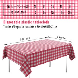 OLIVBIN 2 Pack Red Gingham Picnic Tablecloths - 54 * 108 Inch Red and White Checkered Rectangular Plastic Tablecloths for Parties