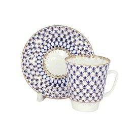 Lomonosov Russia Bone China Cup and Saucer May Cobalt Net 5.6 fl.oz/165 ml
