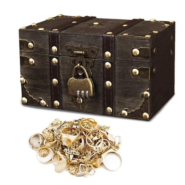 Golgner Vintage Wooden Treasure Chest, Wooden Storage Treasure Chest, Wooden Chest with Combination Lock, Wooden Treasure Chest with Lid, for Storage and Decorating, Grey (18 x 11 x 10 cm)