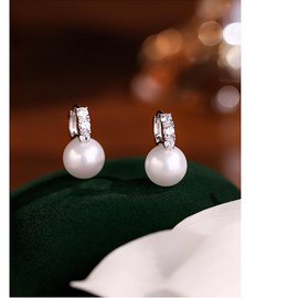 Oivzziy 925 Sterling Silver Pearl Earrings for Women, with Austrian Crystals Diamond Huggie Hoop Pearl Drop Earrings, Fine Jewelry Gifts for Women