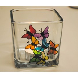 Rainbow Butterfly Hand Painted Stained Glass Candle Holder, Home Decor