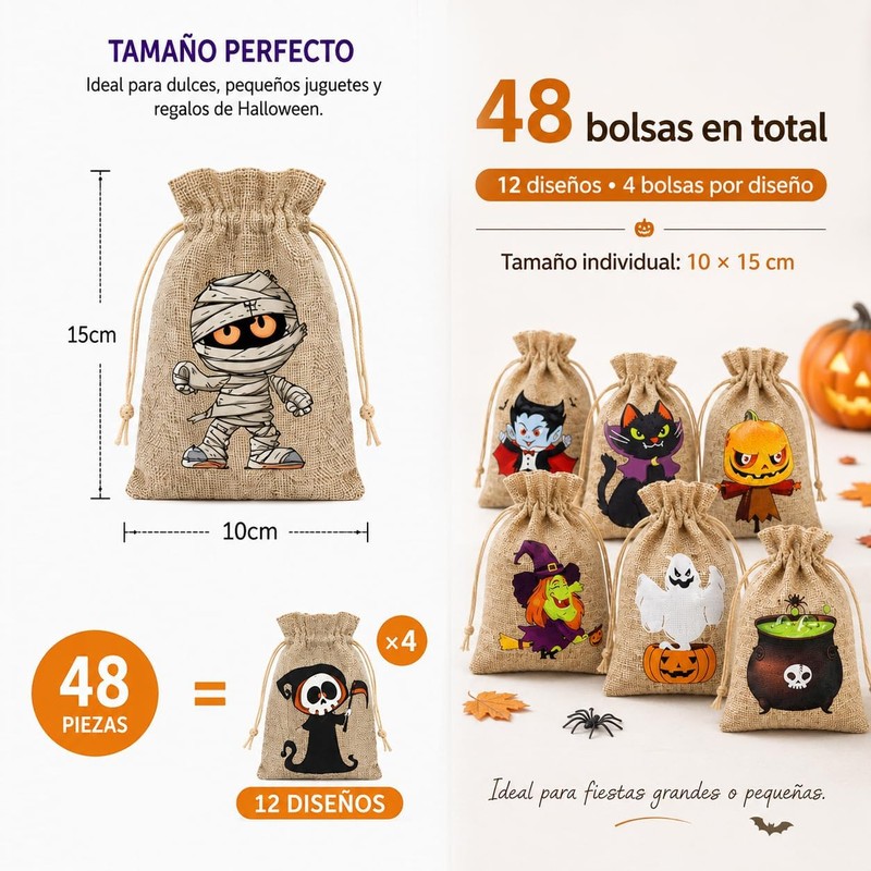 48 Bolsas de Arpillera para Halloween, 12 Diseños, Tamaño 10