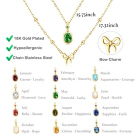 Sundurich Gold Birthstone Necklaces for Women - Bow Necklace 18K Dainty Gold Necklace Blue Green Cubic Zirconia Pendant Necklace Birthday Gifts for Women Jewelry April