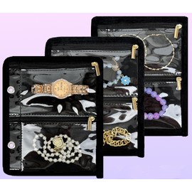 GSXRB Travel Jewelry Organizer Case with Clear Zipper Pouches,3pcs Velvet Jewelry Storage Book Binder, Multi-Layer Inner Pages for Earrings/Rings/Necklace/Bracelet, Compact & Waterproof(Black lining)