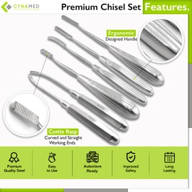 Cynamed Set of 6 Bone Files & Chisels - High Precision Surgical Instruments for Dental and Veterinary Use - Durable Stainless Steel