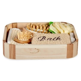 Luxury Bath Set 7 Piece Accessory Set with Exfoliating Tape - Cellulite Massage Brush - Hair Brush - Shower Sponge - Loofah Sponge - Foot Grater - Beautiful Wooden Box