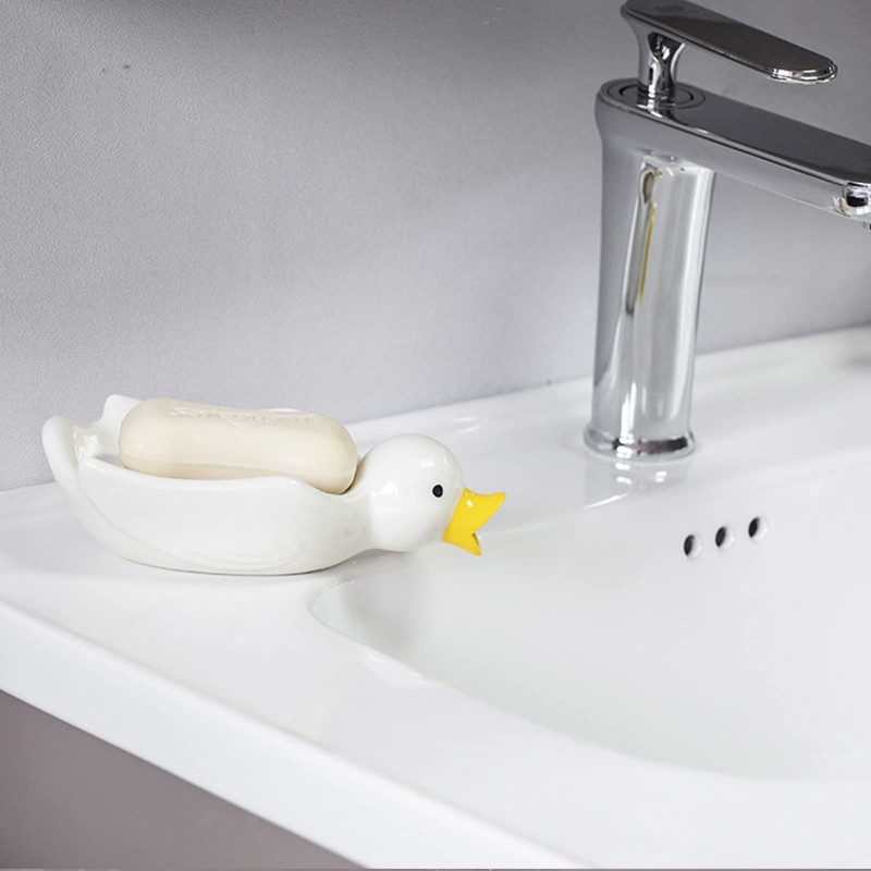 Jaugufiy Ceramic Duck Soap Tray Drain Soap Holder Soap Dish