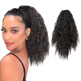 MEIRIYFA Short Black Ponytail Extension Curly Wavy Ponytail Extension Clip In Ponytail Synthetic Hairpiece Heat Resistant for Daily Use 40 cm