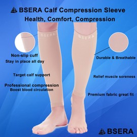 BSERA Calf Compression Sleeve Women, 2 Pairs 15-20mmHg Calf Support Footless Compression Socks Stockings for Shin Splints, Varicose Veins, Recovery (Nude/Skin, Medium)