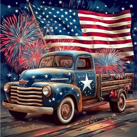 BXXRBX Truck Diamond Art Kits for Adults- 4 of July 5D Diamond Painting, Independence Day Gem Painting for Gift Home Wall Decor 14x14 Inch