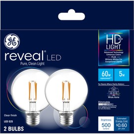 GE Lighting GE Reveal LED Light Bulbs, 60 Watt Eqv, Daylight HD+ Light, G25 Globe Light Bulbs, Medium Base (2 Pack)