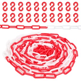 Keadic Red White Plastic Barrier Chain, Plastic Chain Connectors with 20 Pieces S-Hooks, 16.4 Feet Safety Chain Crowd Control Barriers Plastic Chain for Queues Parking Fences