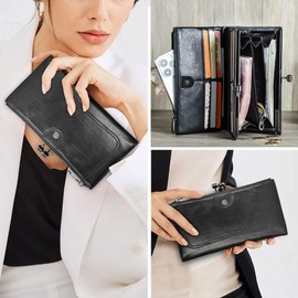 Contacts Kiss Lock Wallet for Women Leather Vintage Kiss Clasp Wallet Coin Purse RFID Bifold Wallet Card Phone Holder