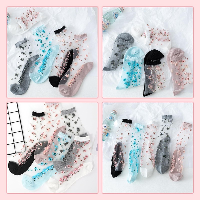 Doyime Women's Socks, See-through Socks, Summer Socks, Crew Socks, Floral