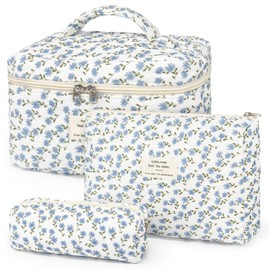 YMIFEEY Pack of 3 Cosmetic Bag Toiletry Bag Women's Toiletry Bag Make Up Bag Large Small Set Makeup Bag Wash Bag Travel Cosmetic Bag Beauty Case Organiser for Women, Blue Flowers, floral pattern