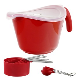 Calypso Basics Batter Bowl With Pour Spout, Non-Slip Base,Space Saving Detachable Handle with Lid, Mixing with Measuring Spoons and Cups 2 QT Heavy Duty BPA-Free Microwave & Dishwasher Safe (Red)