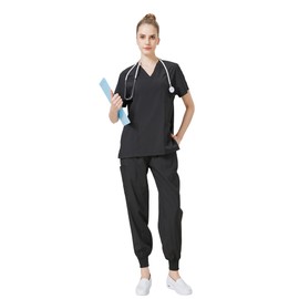 Meichoon Medical Uniform Set Scrubs Top and Pants V-Neck with 3 Pockets Ultra Soft and Quick Drying For Men and Women DK05Black XX-Large