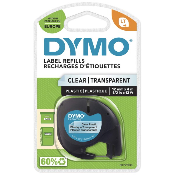 Dymo LetraTag Plastic Label Tape, 12 mm x 4 m Roll - Clear