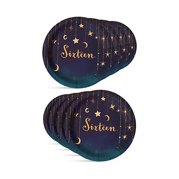 Starry Night Sweet 16, 7" Round Dessert Party Paper Plates (8 Pack, White and Gold Foil Prints, Midnight Blue) Starry Night Birthday Collection by Havercamp