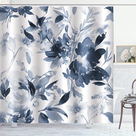 ZCHOMI Navy Blue Floral Shower Curtain Watercolor Flower Modern Abstract Ink Shower Curtains for Bathroom Waterproof Polyester Fabric Bathroom Curtain 72 x 72 Inch with 12 Hooks