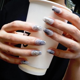 [GLORS] Pure Handmade Medium Ballerina Press-On Nail | Blue Marble & Silver Metallic Fake Nails, Pack of 10 (Medium, MB)