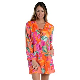 Lace Front Cover Up Tunic Dress, Hot Coral//Isla Del Sol, Large