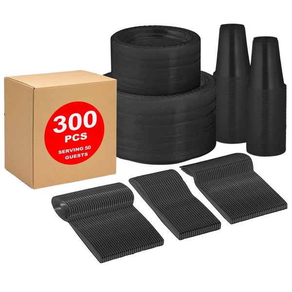 Framo 300 Piece Disposable Black Tableware Set for 50 Guests - Microwavable Plastic Dinnerware Set of 50 9” Plates, 50 6” Dessert Plates, 50 9oz Cups, 50 Spoons, 50 Forks, 50 Knives