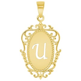 Colgante de oro amarillo de 14 quilates, elegante filigrana ovalada con inicial en mayúscula, de la A a la Z, no aplica