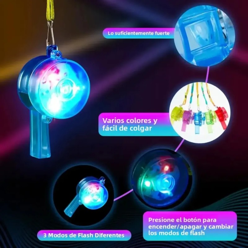 Silbato Luminoso Led Con Cordón Para Fiestas X10 Piezas