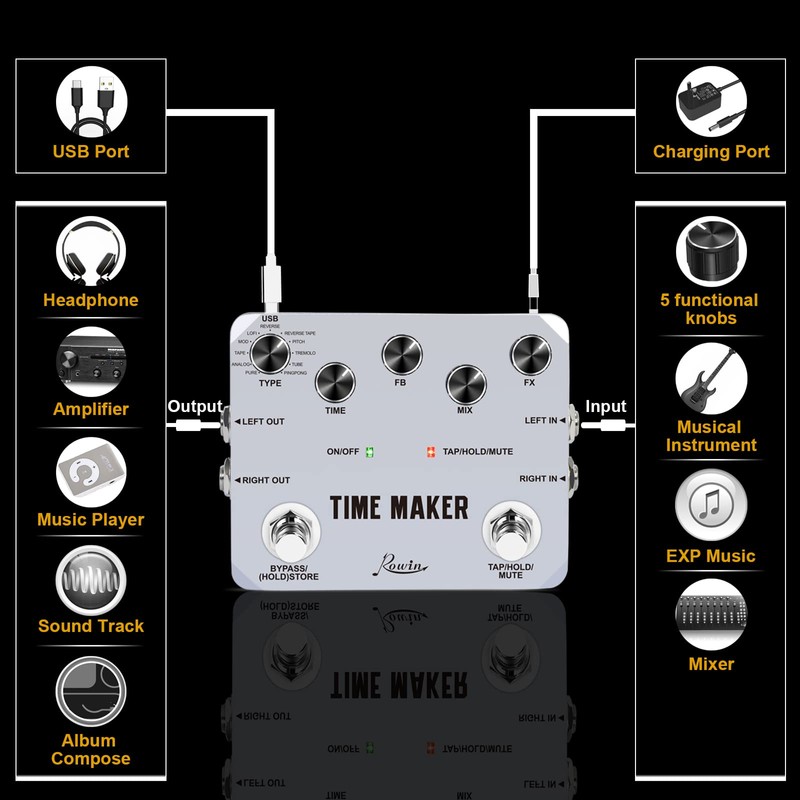 Rowin Multi Guitar Effect Pedal Time Maker Multi-Effects Stereo Delay