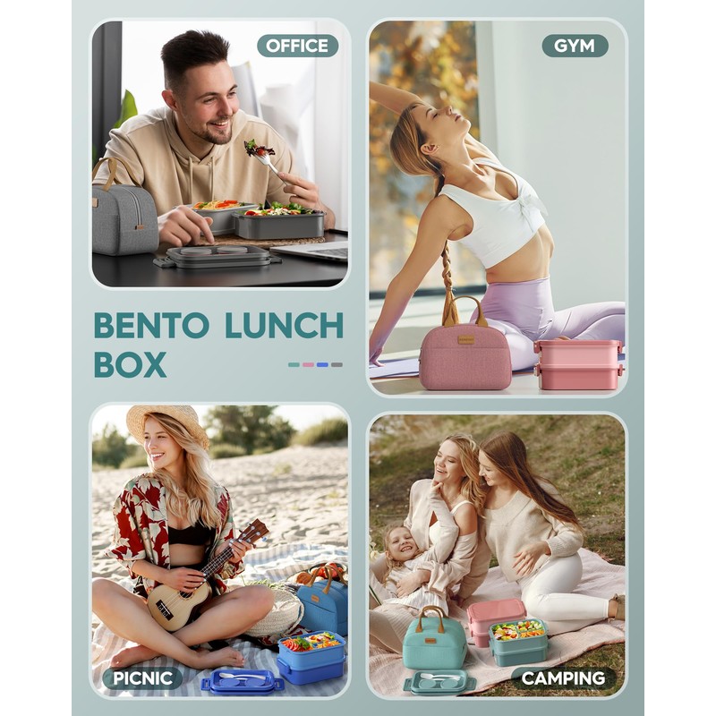 Adults Bento Lunch Box Set with Thermo Bag, 74oz Stackable