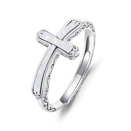 PORTCAS Jesus Cross Rings Sterling Silver Faith Opal Adjustable Wrap Opal Rings for Women Inspirational Jewelry Gifts for Women