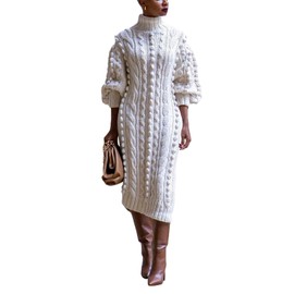 JEKYUARA Women's Cable Knit Sweater Midi Dress Turtleneck Long Sleeve Loose Tunic Plus Size Split Sweater Dresses for Fall White