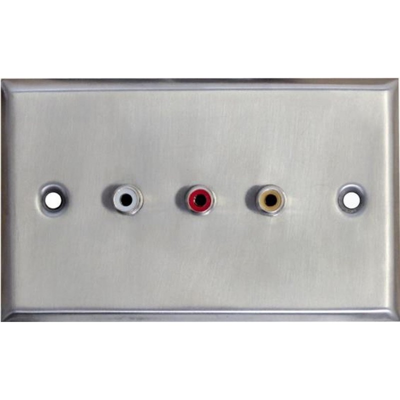 Electrovision Twin Gang Metal 3 Phono A/V Wall Plate