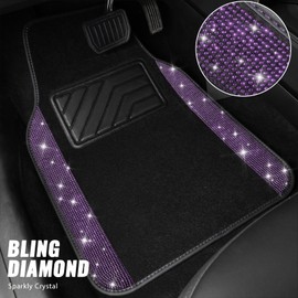 CAR PASS Bling Diamond Leather Steering Wheel Cover 14.5in-15in Floor Mats Shining Rhinestone Carpet Sparkly Glitter Crystal Anti-Slip Pad Fit Automotive SUV Pickup Truck Girl Women, 5pcs Black Purple