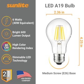 Sunlite 80188 LED Edison A19 Light Bulb, 6 Watts (40W Equivalent), 600 Lumens, Medium E26 Base, Dimmable, Clear Glass Filament, UL Listed, 2700K Warm White, 1 Count