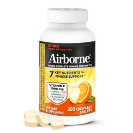 Airborne Citrus Chewable Tablets, 200ct | Immune Support Supplement with 1000mg Vitamin C + Vitamins A, D, E, Zinc,Selenium, & Manganese | Herbal Blen