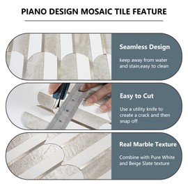 Vamos Peel and Stick Backsplash Seamless Tile for Kitchen and Bathroom,White and Beige Slate PVC Mixed Light Gold Self Adhesive Fish Scale Metal Mosaic Tiles (10 Sheets)