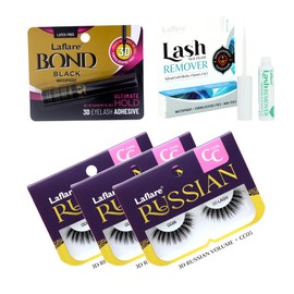 Laflare 3D Russian Volume Wispy, Fluffy, Lightweight, Handmade CC Curl Lashes 3 Packs with lash Adhesive and Remover All In One Complete Kit (FCC05X5C)