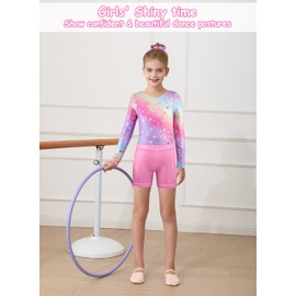 XiaoMoSha Gymnastics Leotards for Girls Long Sleeve with Shorts and Hairband Set Kids Leotards Sparking Ballet Dance Outfit Girl Unitards Gymnastics Outfits Tumbling Activewear Colourful Star Size 7-8