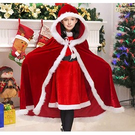 1M Kid's Red Velvet Christmas Santa Claus Mrs Claus Cloak Hooded Cape Poncho for Adults Kids Parent-Child Christmas Party Supplies Cosplay Costume Robe Fancy Dress Outwear