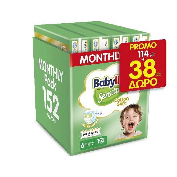 Babylino Sensitive Cotton Soft No6 (13-18 Kg) Monthly Pack, 114pcs & 38pcs FREE (152pcs)