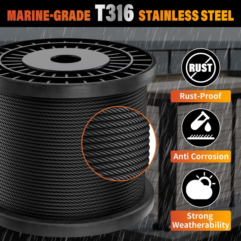 Black Stainless Steel Cable for Railing - 200FT 1/8" T316